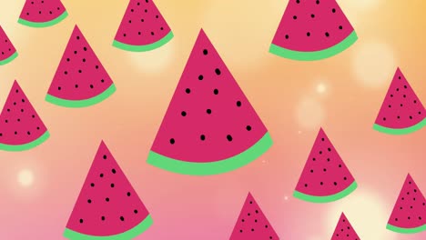 Animation-Einer-Wassermelone-über-Hellen-Flecken-Auf-Orangefarbenem-Hintergrund
