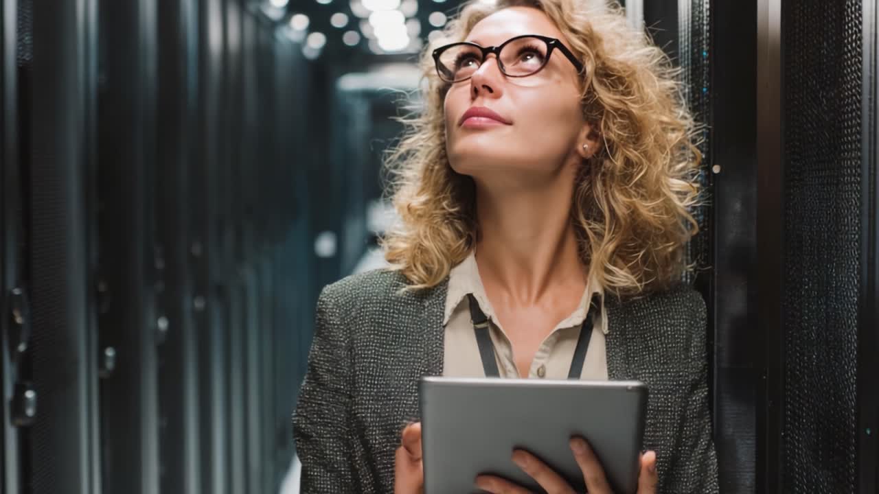 A focused professional woman gazes upward thoughtfully in a data center, holding a tablet, surrounded by towering server racks and illuminated by soft artificial lighting