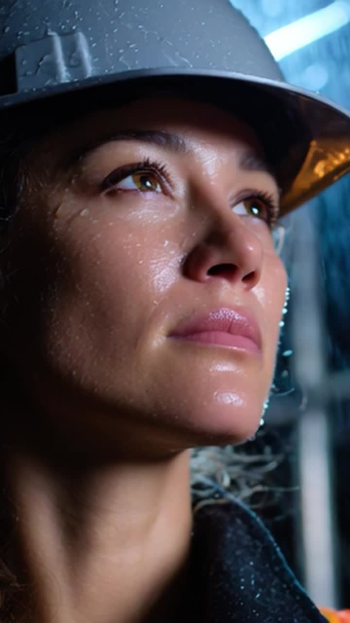 A Determined Worker Gazes Upward Under Fresh Rainfall, Showcasing Resilience and Commitment in Challenging Conditions with a Protective Helmet and Beads of Water