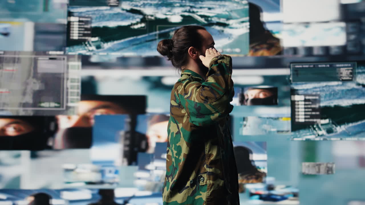 Veteran does military salute after reviewing satellite data in control center