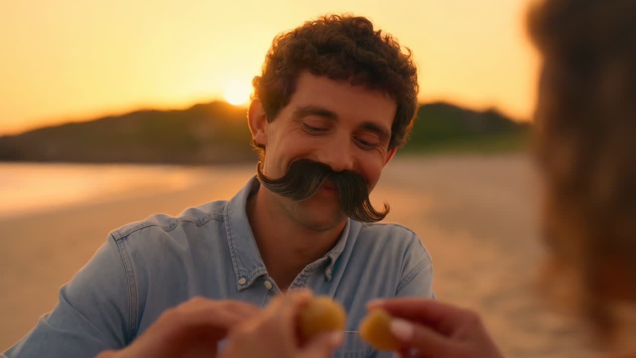 una pareja disfrutando de la puesta de sol en la playa.