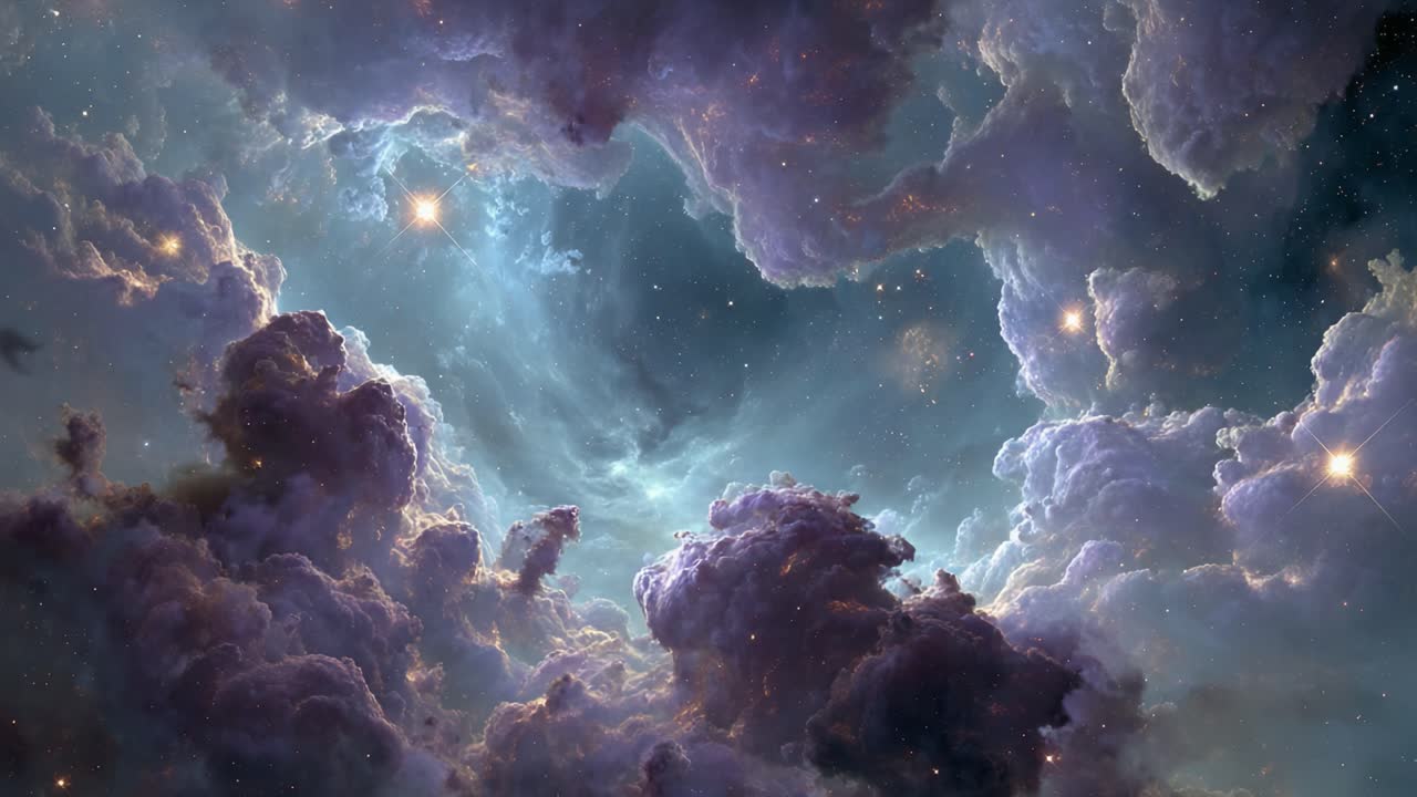 A Stunning Cosmic Landscape Showcasing Vibrant Clouds and Distant Stars, Captured in Two Frames to Illustrate the Depth and Beauty of the Universe