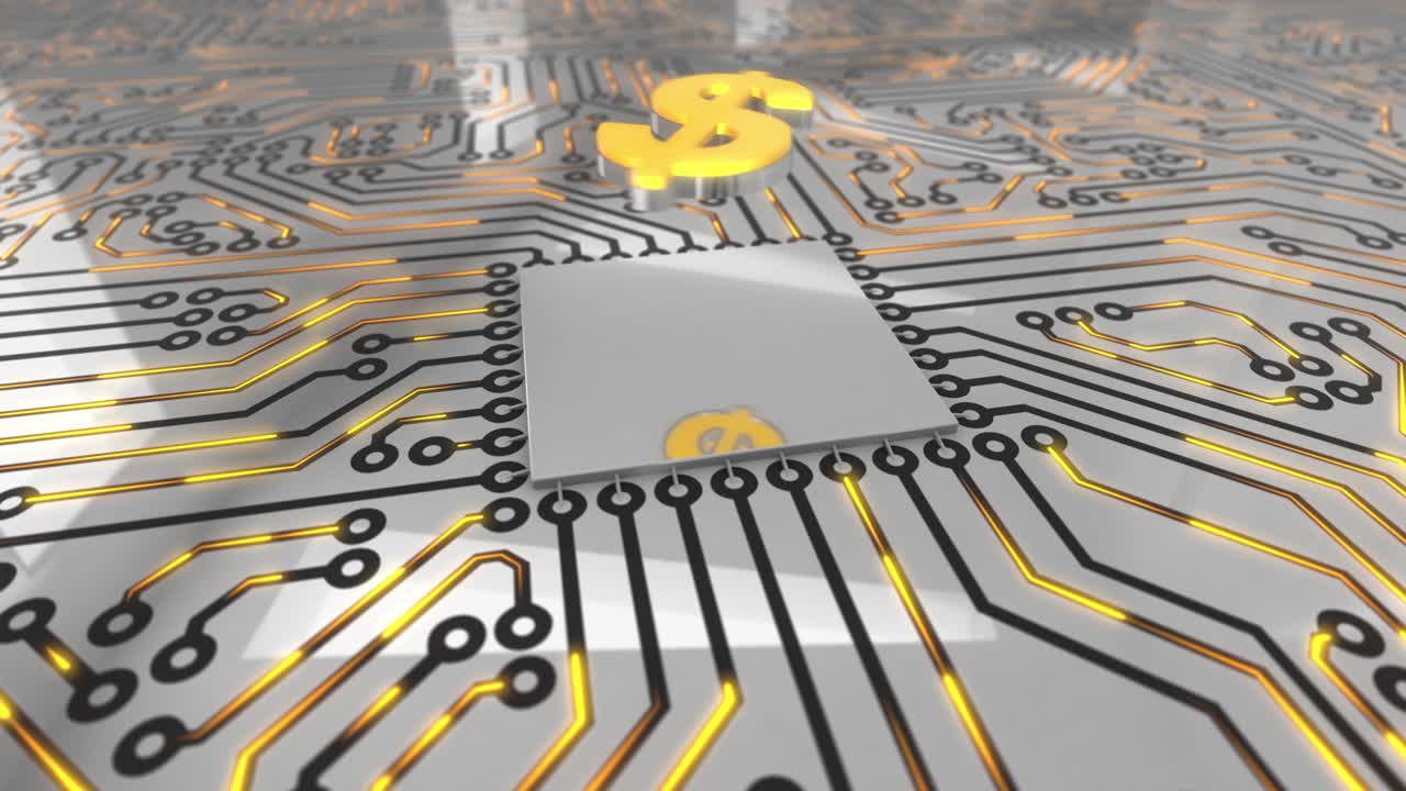 el concepto de la placa de circuitos giratorios de computadora de color naranja brillante es un bucle de dólares 4k.