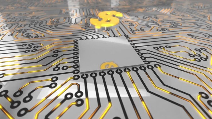 Concetto di circuito stampato di computer rotante arancione brillante, ciclo del dollaro 4K