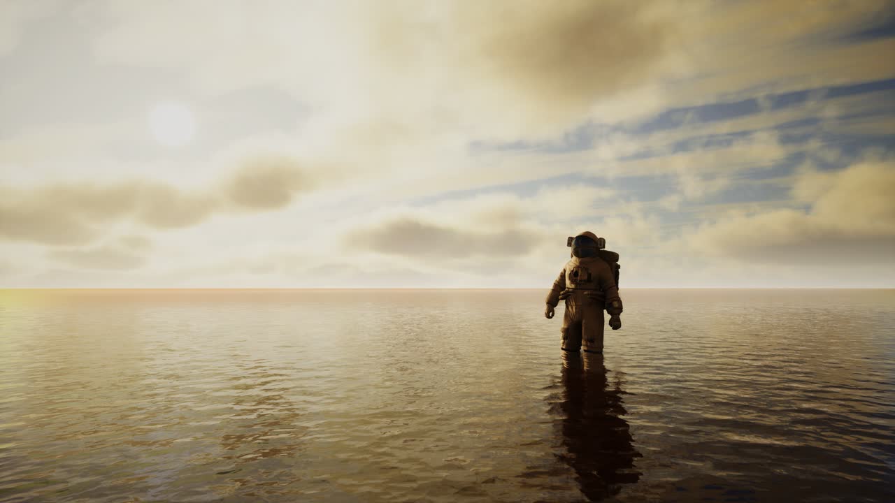 Spaceman in the sea under clouds at sunset