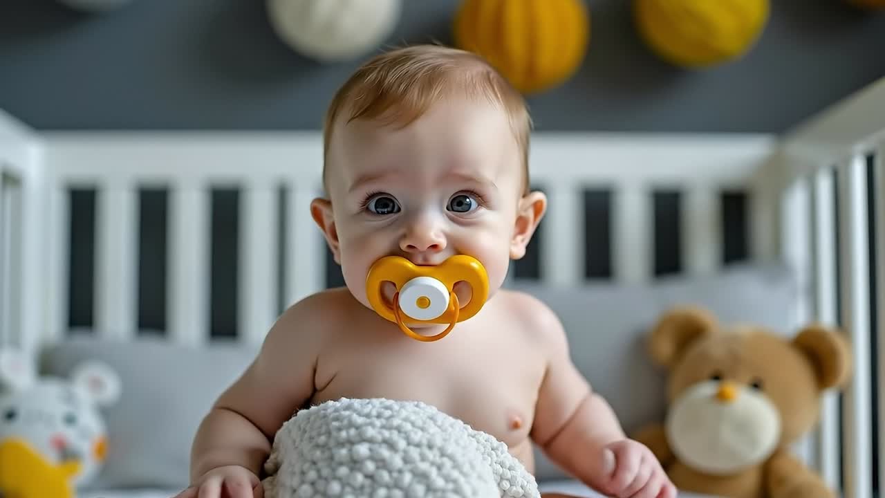 A baby with a pacifier in his mouth sitting in a crib