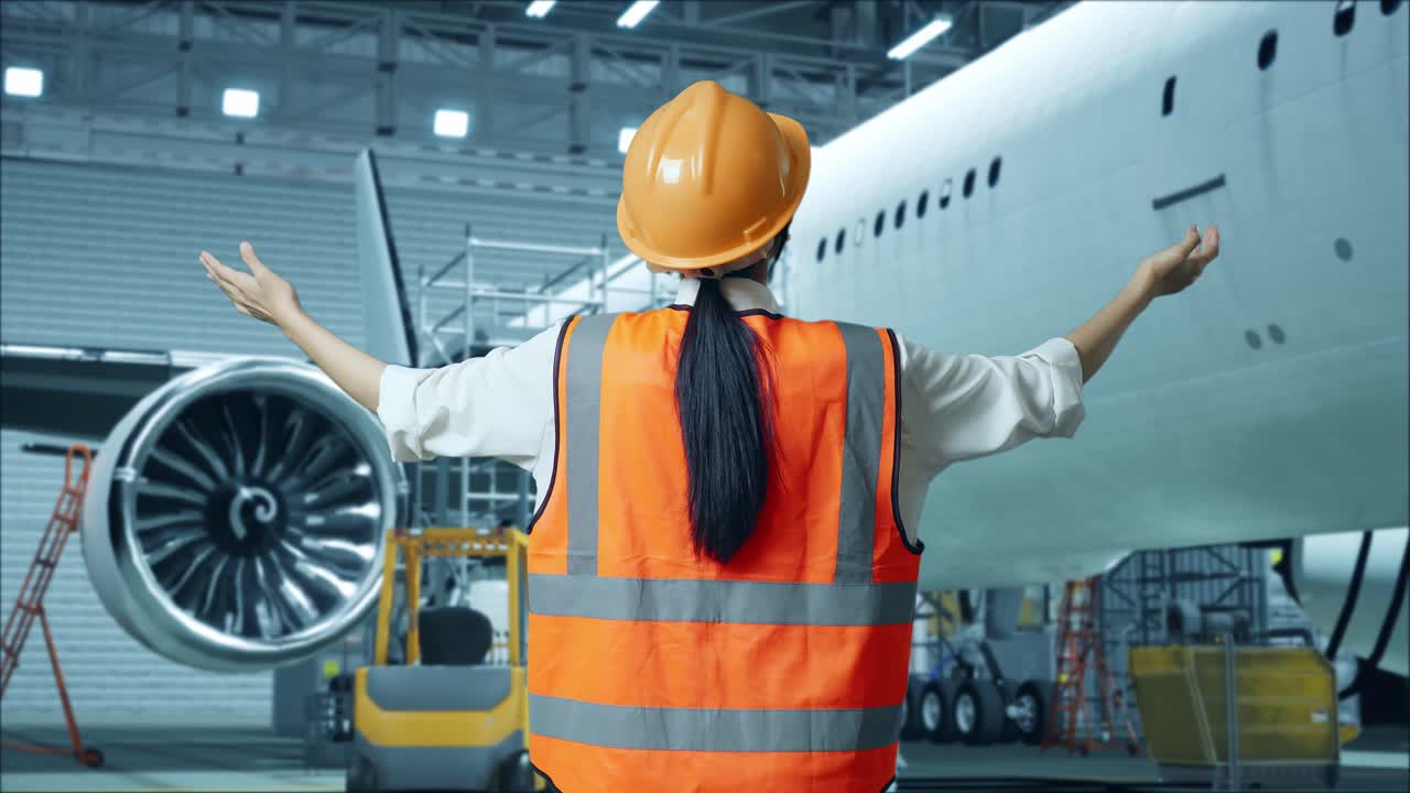 vista trasera de una ingeniera asiática con casco de seguridad extendiendo los brazos mientras está de pie con el avión en el hangar