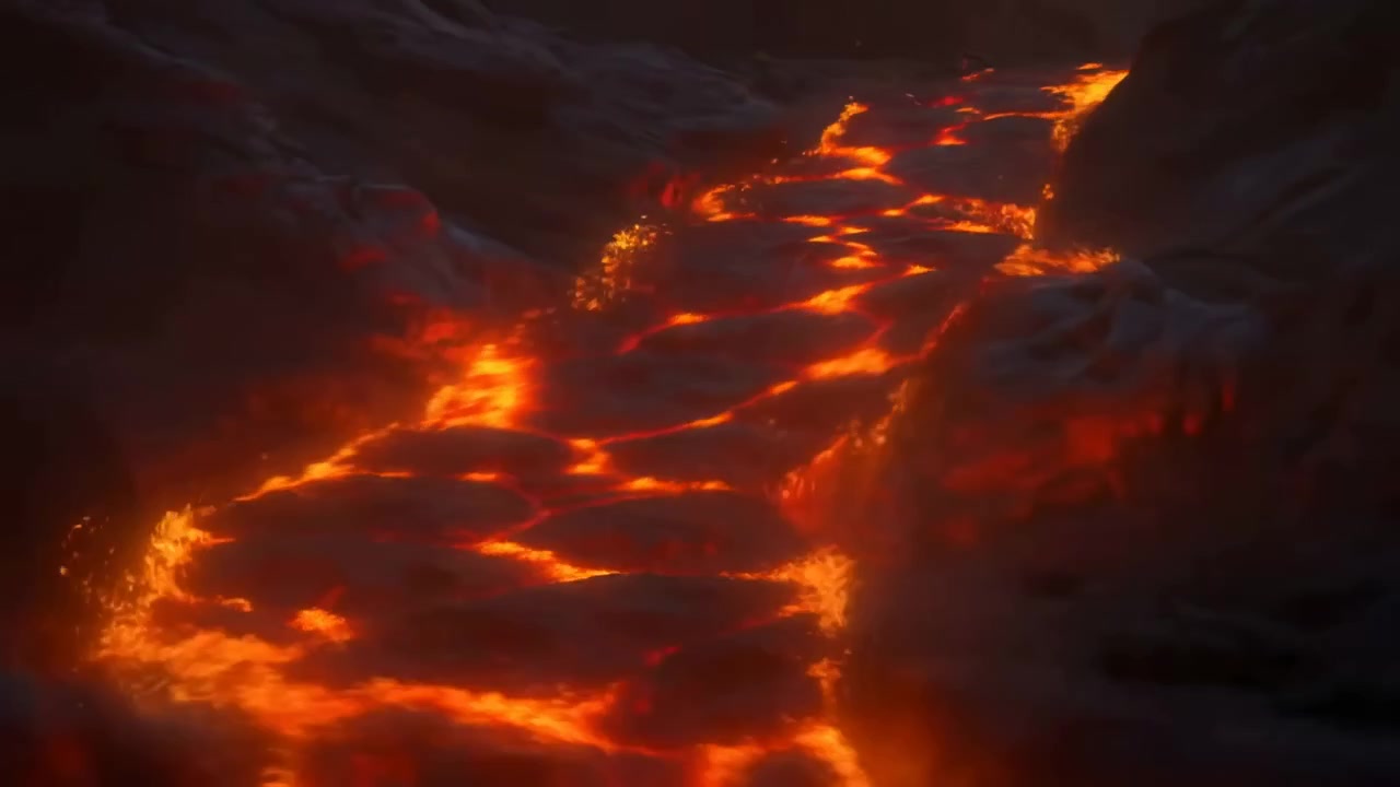 Zeitraffer-Vulkansequenz, die einen geschmolzenen Lavastrom zeigt, der sich von einem langsamen, verkrusteten Fluss zu einem explosiven, hochaktiven Finale entwickelt, wobei das Hauptmotiv zentriert ist und sich über die gesamte Szene erstreckt