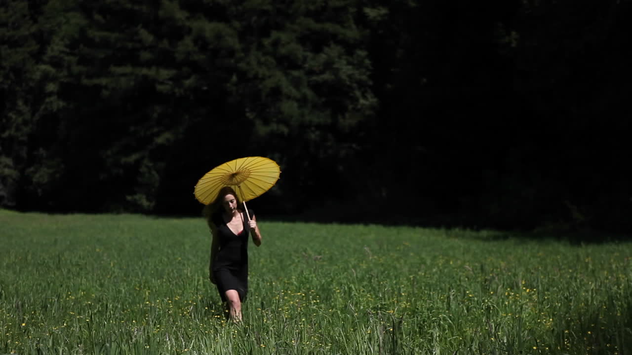 한 젊은 여성이 노란 파라솔을 들고 풀밭을 걷고 있다