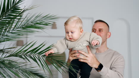 caucasian father takes hi infant baby closer to a green plant. surprised kid grabs the branch. white backdrop.