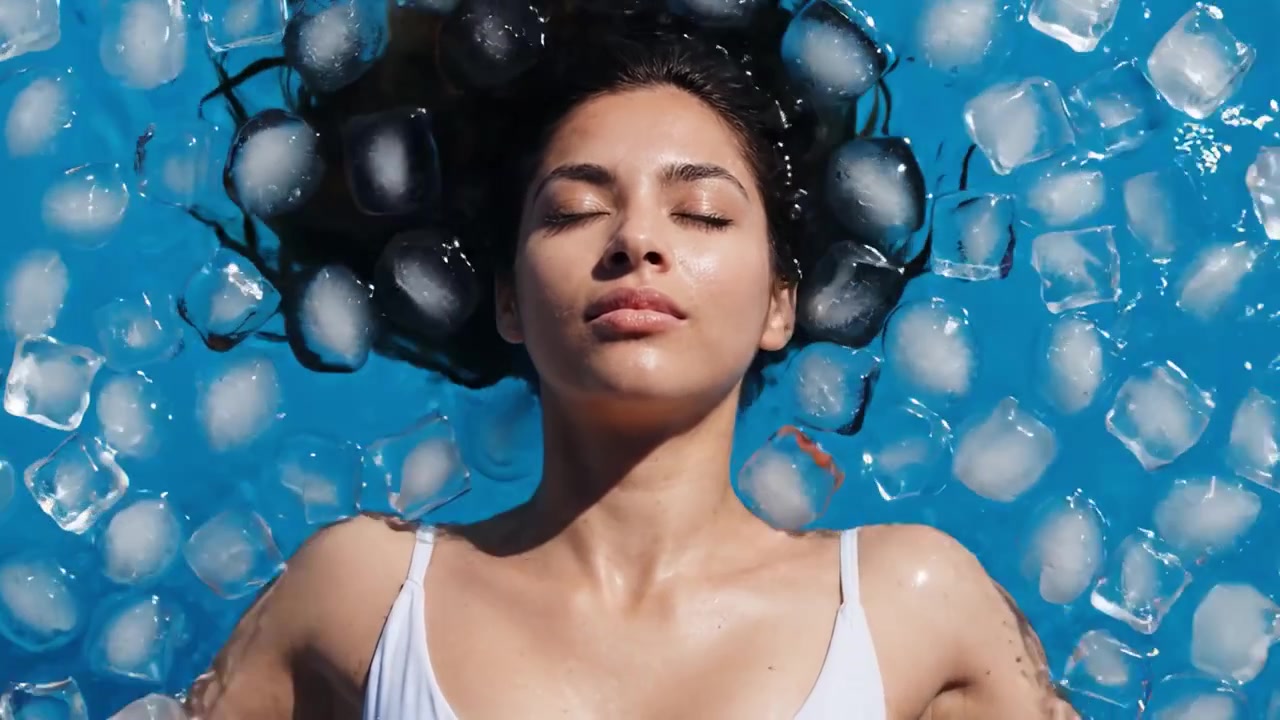 Un momento sereno: una giovane donna che si rilassa in una piscina circondata da cubetti di ghiaccio, catturando un'atmosfera rinfrescante e tranquilla con un'estetica estiva.