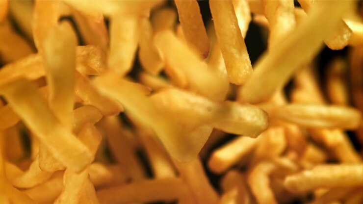 Golden Crispy French Fries Falling in Slow Motion