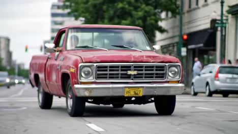 a classic red pickup truck navigating through a city street with other vehicles, showcasing urban life and nostalgic automotive design
