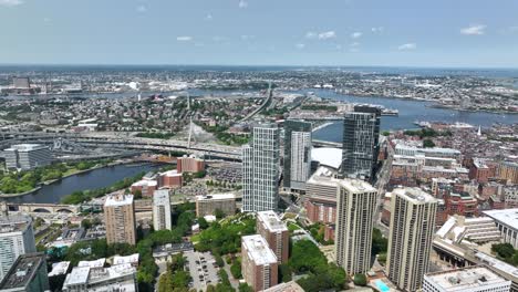 drone shots of boston's downtown skyscrapers overlooking the charles river