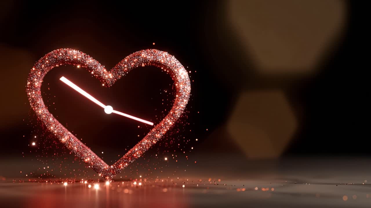 Heart shaped clock glows with sparkles. Sparkling particles swirl around the glowing heart. Heart clock's hands move slowly through time. Warm bokeh lights create soft background glow