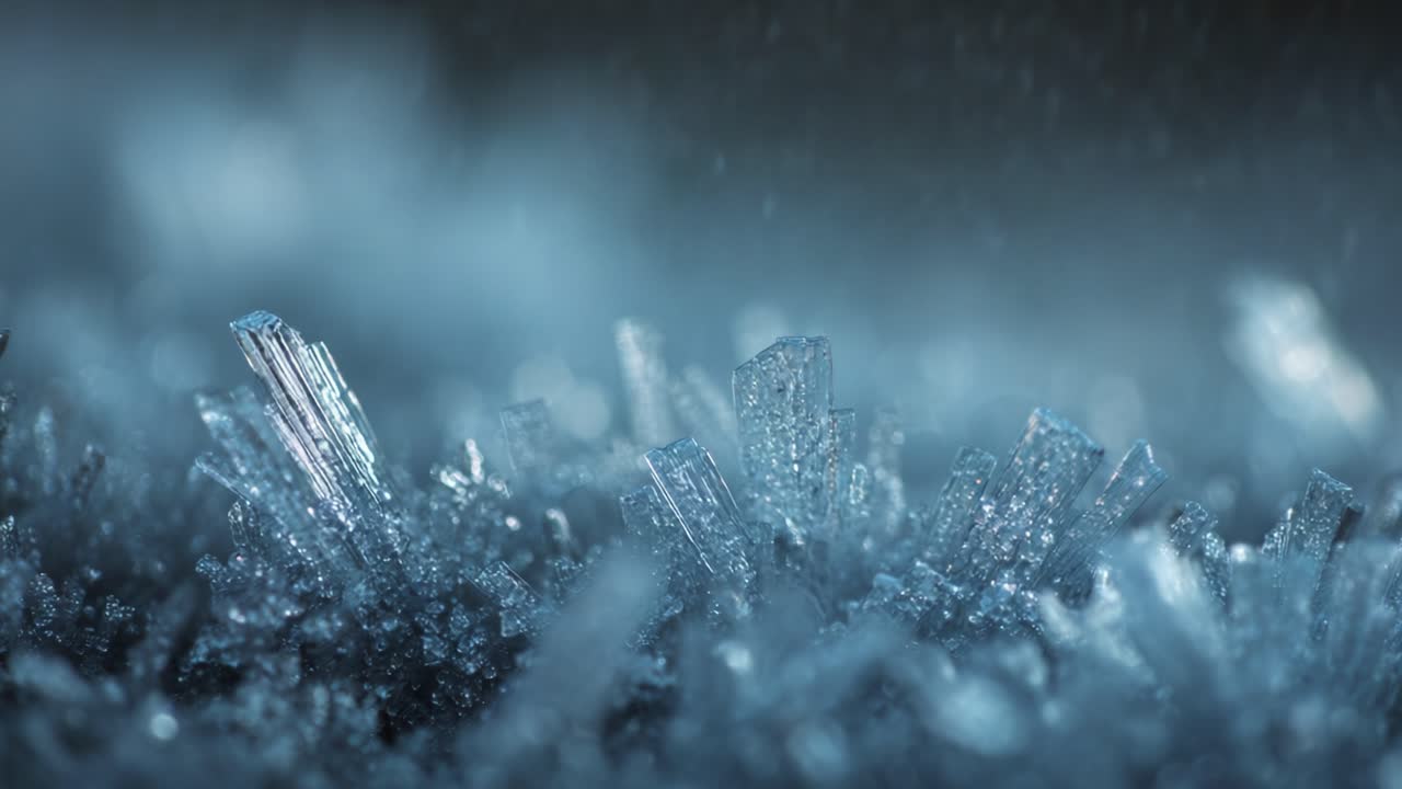 A Stunning Close-Up of Ice Crystals Forming in Chilly Conditions, Showcasing Their Intricate Structures and Beautiful Blue Tones Under Soft Light in a Winter Wonderland