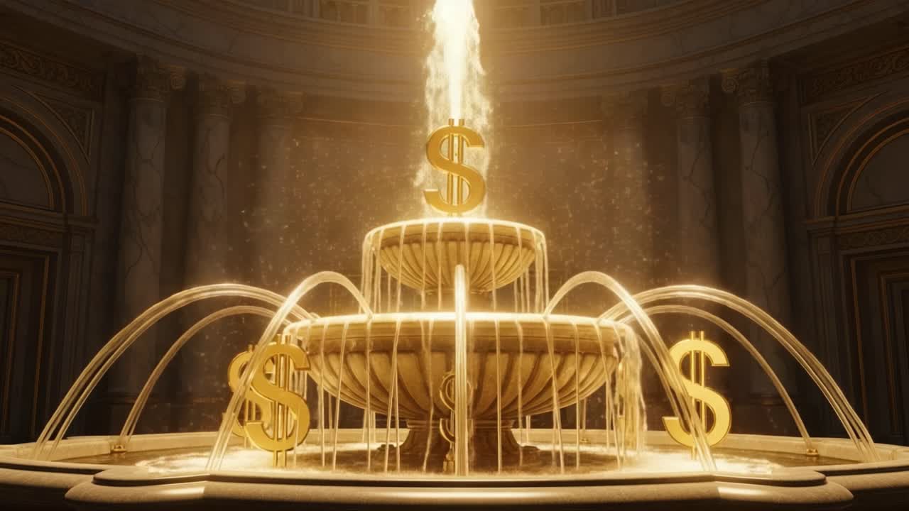 An Opulent Golden Fountain Flowing with Water and Adorned with Dollar Signs, Symbolizing Wealth, Prosperity, and Abundance in a Lavish Setting