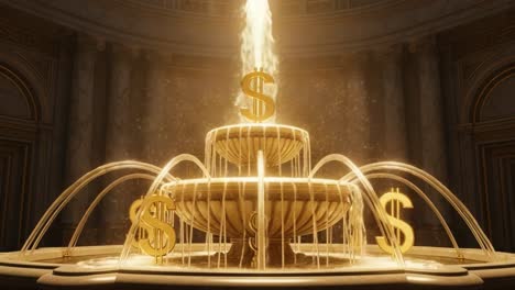 an opulent golden fountain flowing with water and adorned with dollar signs, symbolizing wealth, prosperity, and abundance in a lavish setting
