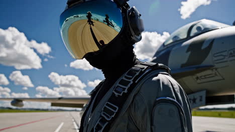 pilot in flight gear with a fighter jet in the background