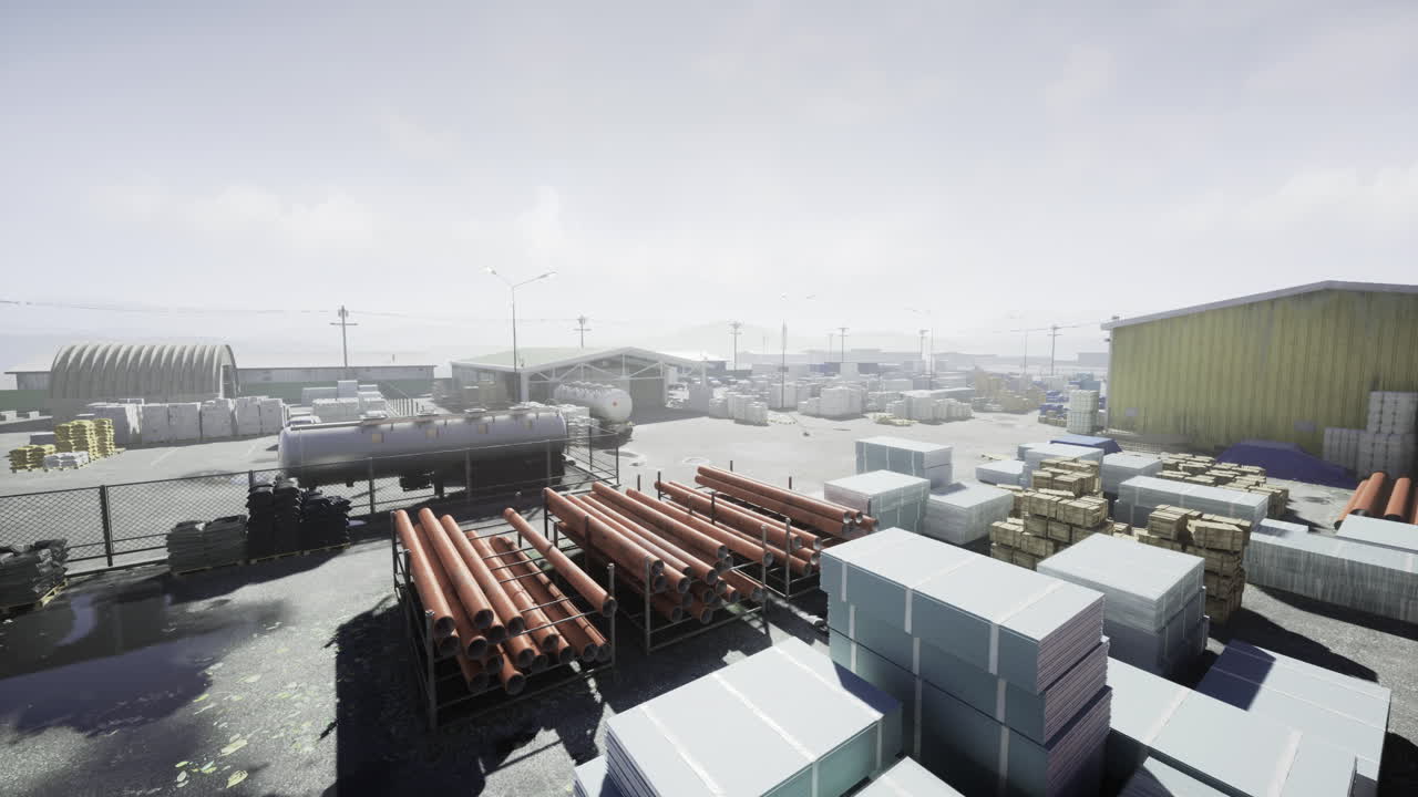 Construction yard with stacked materials and machinery during daylight