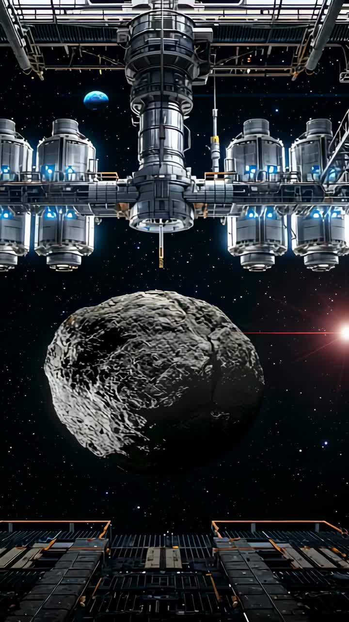 Vertical video: Panning camera around hub in orbit, showing asteroid proximity and docking boom