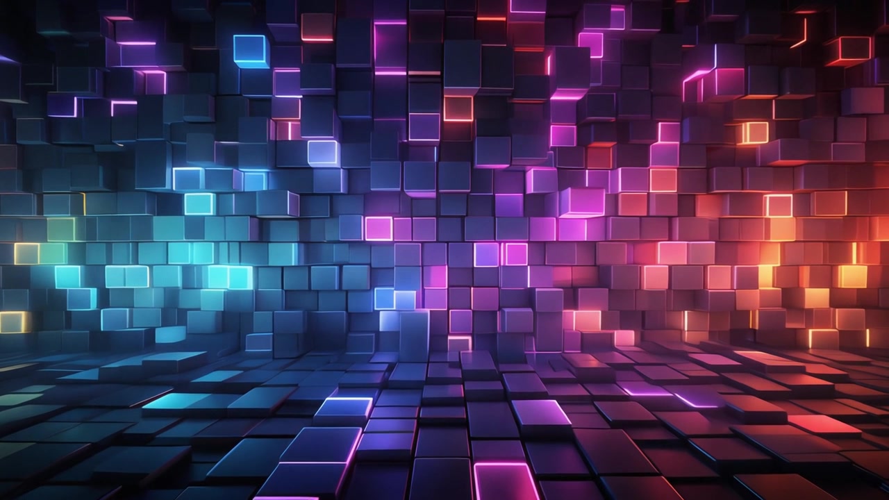 Abstract Background of Glowing Neon Cubes in Blue and Orange