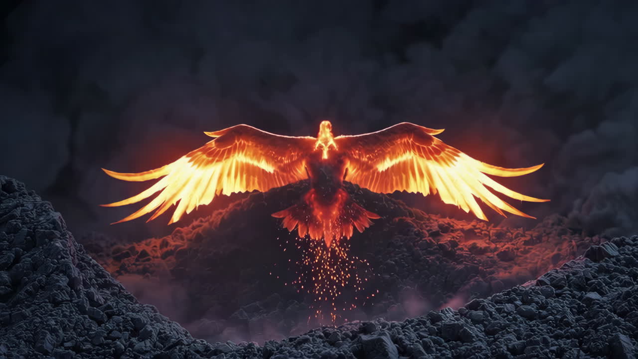 Fiery Phoenix Ascending from Volcanic Landscape