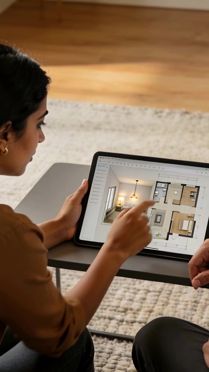 Video verticale: donna con top marrone che scorre lo schermo a casa mentre il partner indica il piano sul tablet per decidere il layout