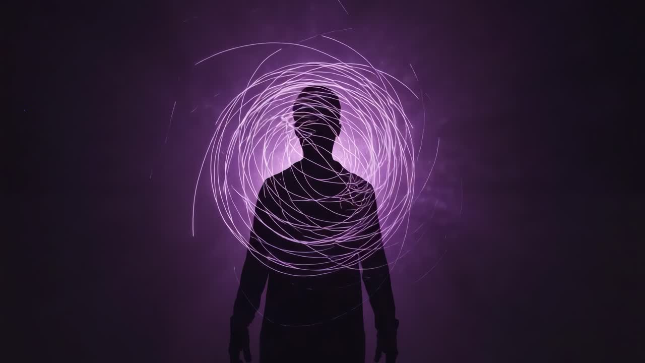 Silhouette of a person with purple light painting aura