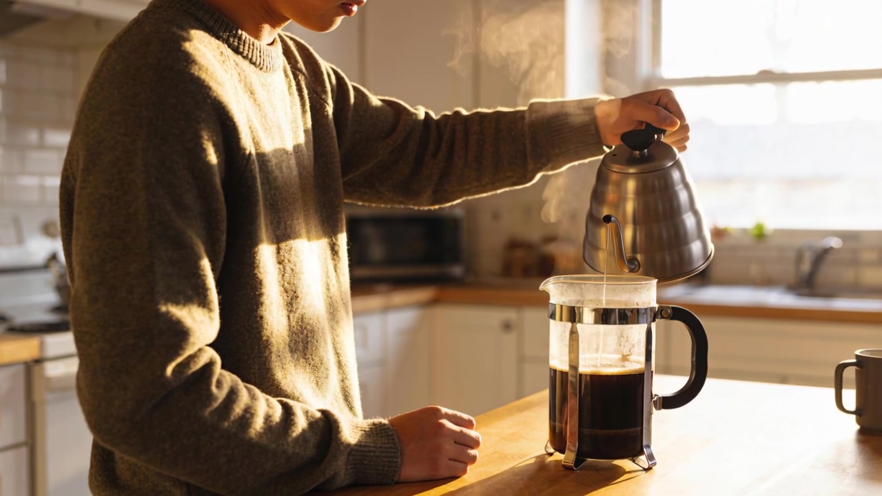 Hombre con suéter oliva vertiendo agua de una tetera sobre una cafetera de prensa francesa en la encimera de la cocina, preparando café.