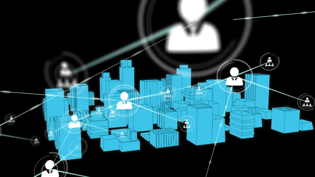 animación de redes de conexiones con iconos sobre el dibujo de la ciudad 3d girando sobre fondo negro