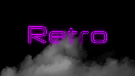 digital animation of neon purple retro text sign over smoke effect against black background