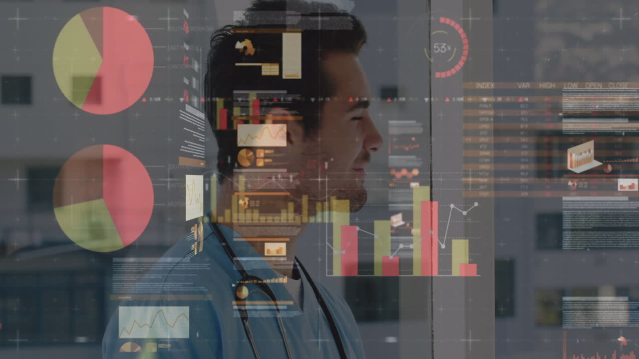 Animation of statistics and data processing over male doctor