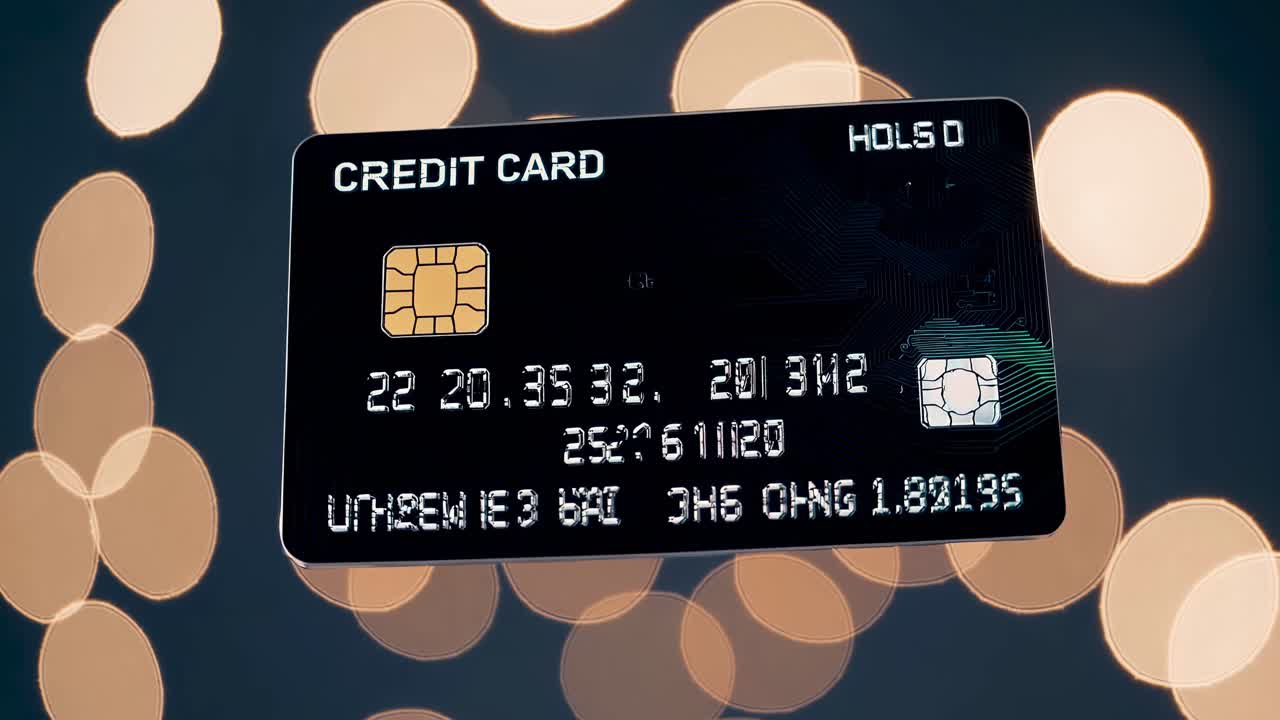 A credit card floating against a bokeh background, captured from a low-angle