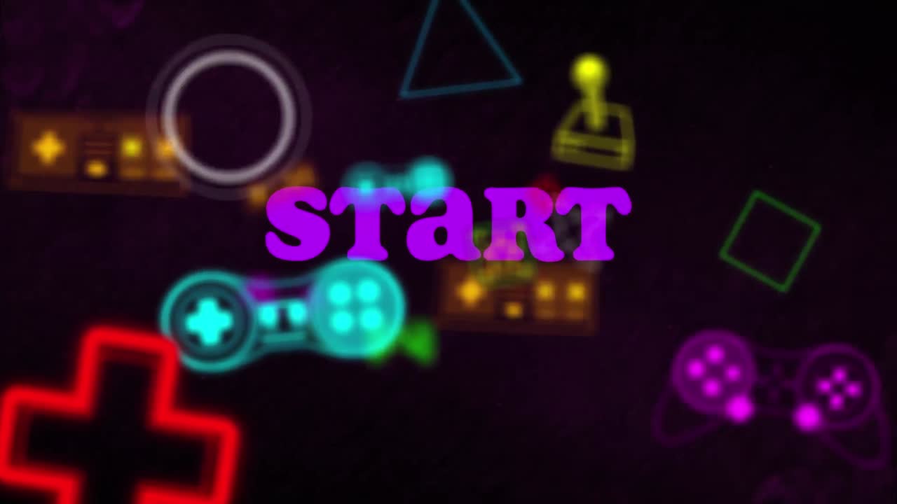 검은 바탕에 비디오 게임 컨셉 아이콘 위의 시작 텍스트 배너의 애니메이션