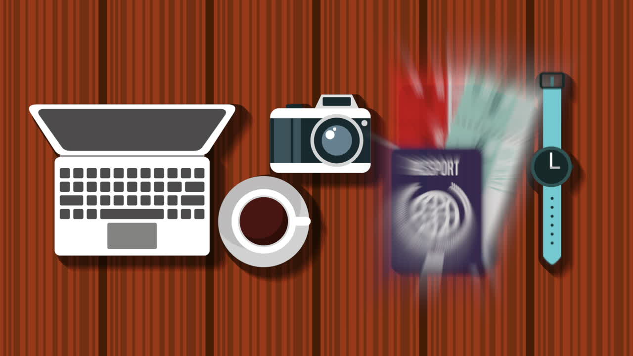 computadora portátil con animación de artículos de viaje