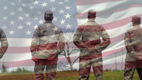 military men in uniform and american flag