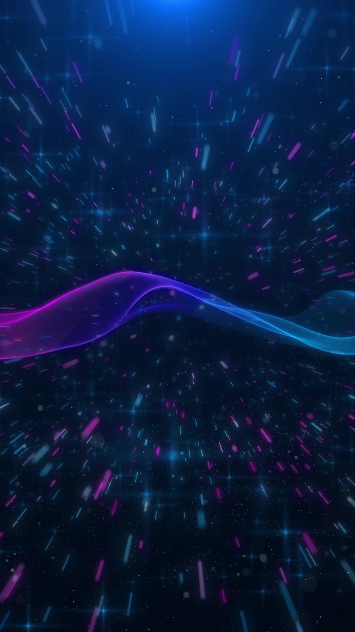 Neonbølgepartikel-rum baggrund med magenta og blå bånd, hurtige lysstriber og kosmiske elementer.