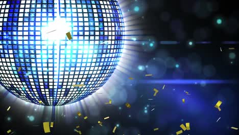 Golden-confetti-falling-over-spinning-disco-ball-against-spots-of-light-on-blue-background