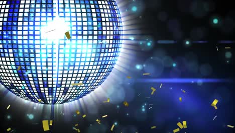 confeti dorado cayendo sobre una pelota de discoteca giratoria contra manchas de luz sobre un fondo azul