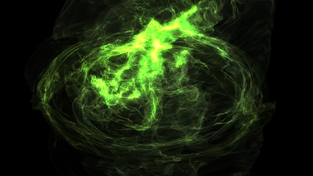 animación de un objeto luminoso redondo abstracto. el color de la onda de energía es verde. disparo lateral.