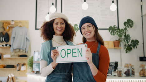 two smiling business owners holding an open sign in their cafe