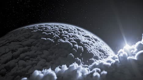 frozen planet covered by dense clouds is rotating in the vastness of space with light rays filtering through the clouds, creating a breathtaking cosmic scene