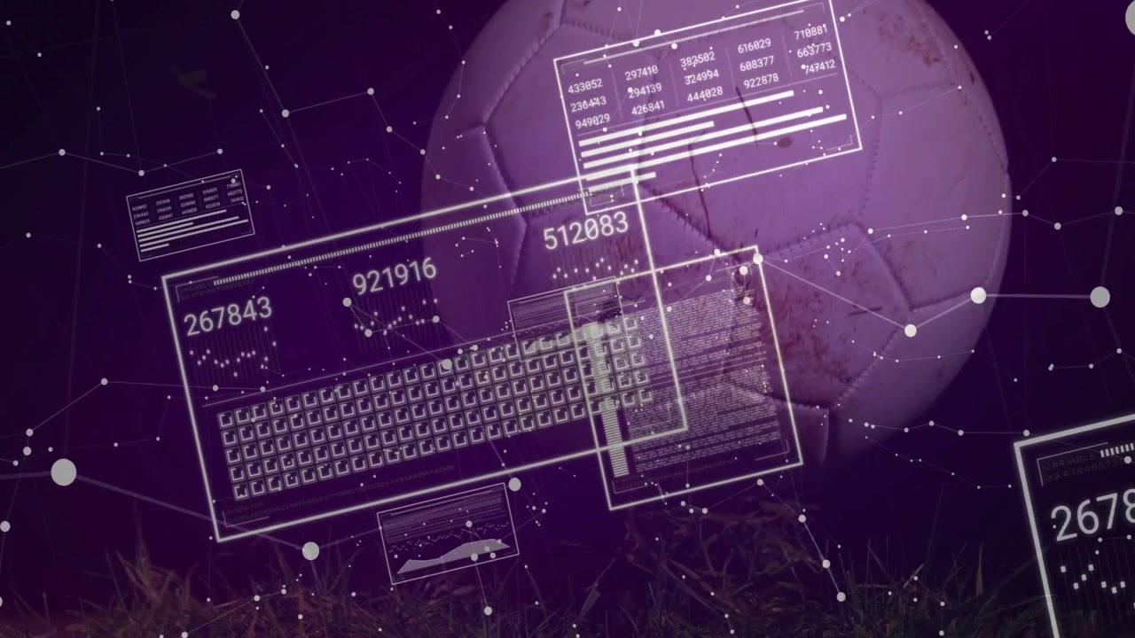 Scene opening initiating AR scanning soccer ball data while panels cycling values then fading