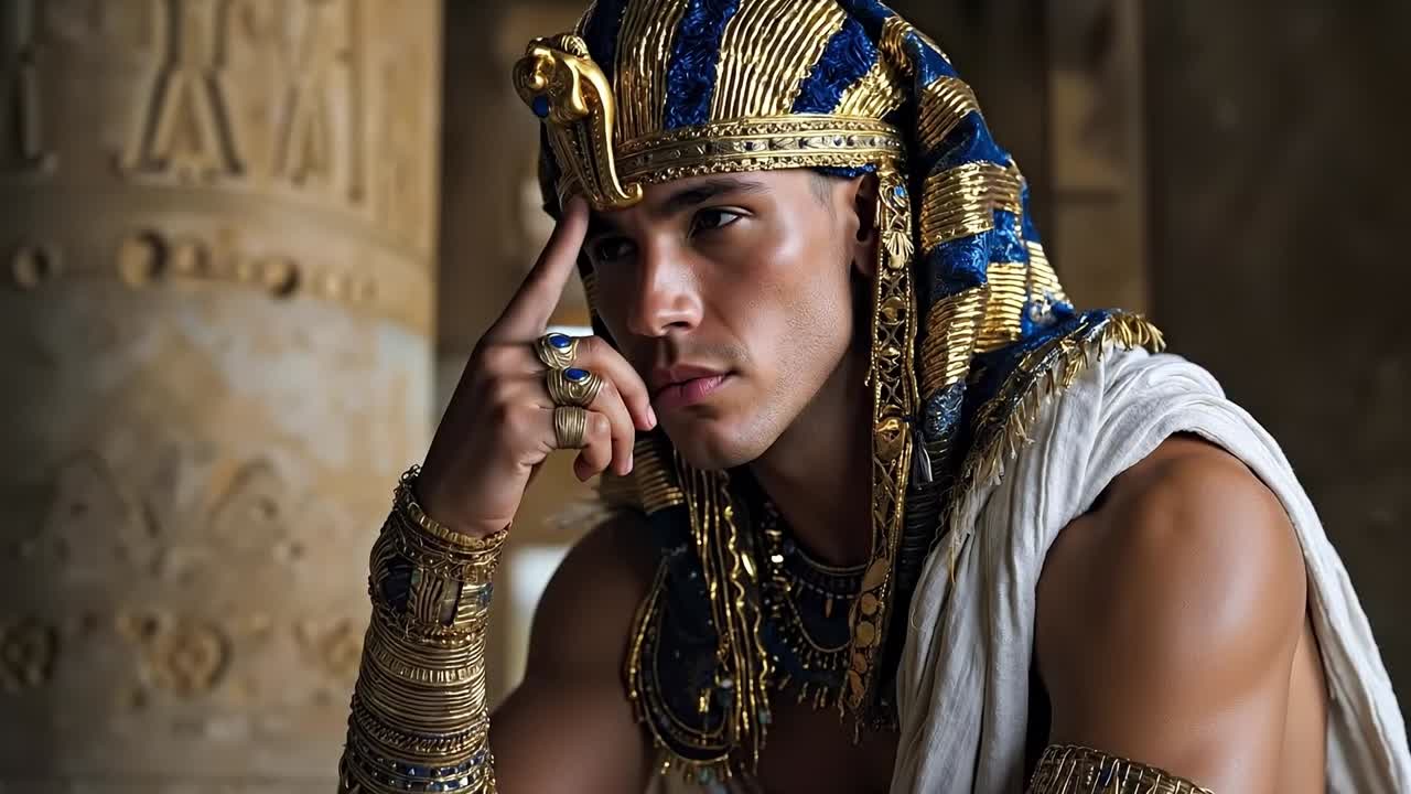 A man dressed as an ancient egyptian pharaoh with a gold crown on his head