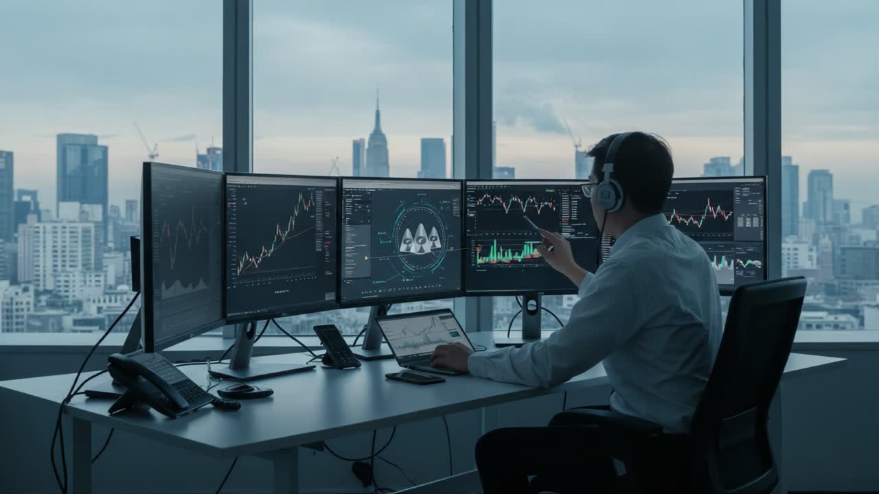 A Focused Analyst Monitors Market Trends and Financial Data from a Modern Office with Panoramic City Views, Utilizing Multiple Screens and Advanced Technology
