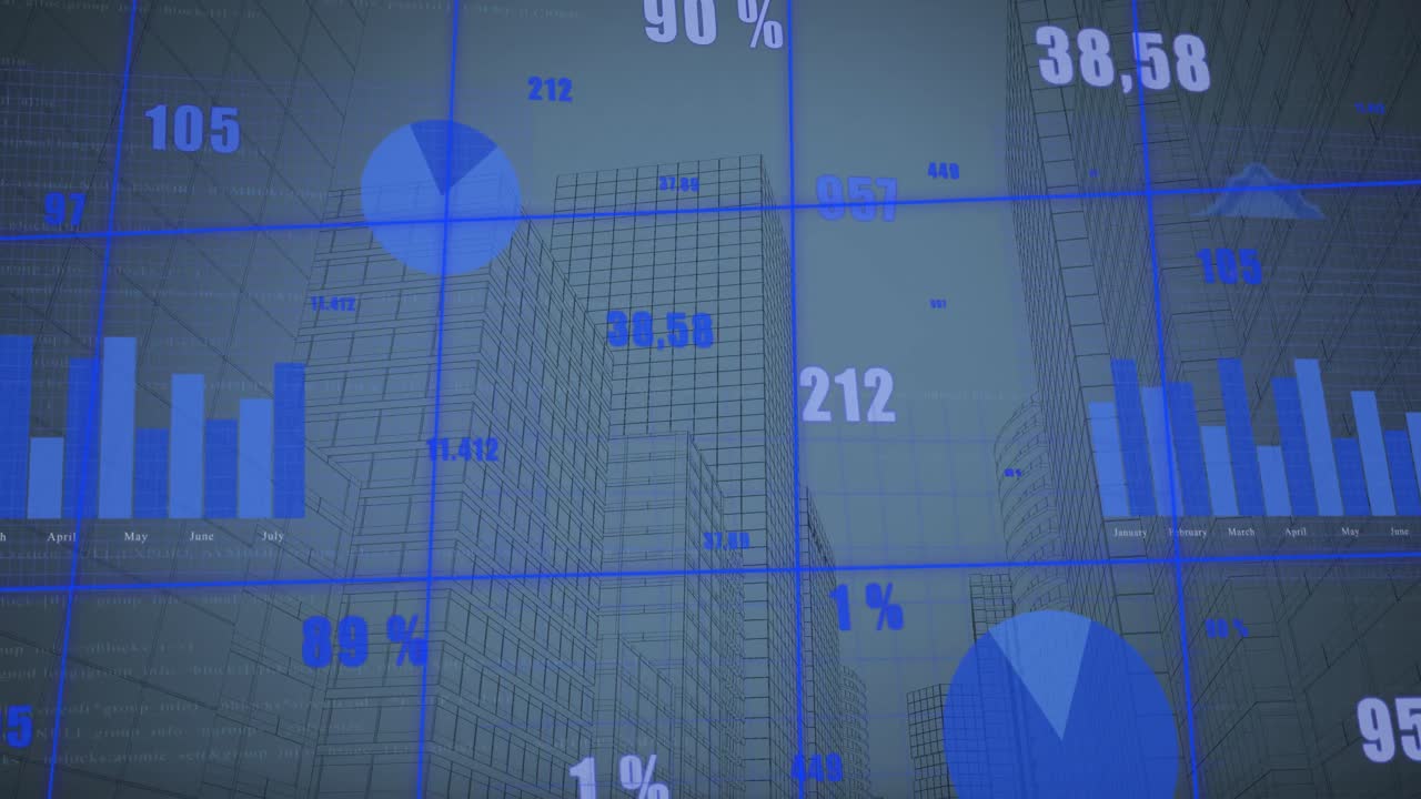 animación de múltiples gráficos con números cambiantes sobre edificios modernos contra el cielo