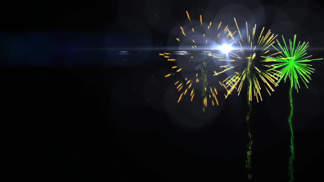 Fireworks animation with colorful bursts and light flares on dark background