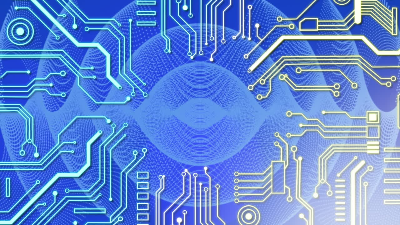 파란색 바탕에 전자 회로판 패턴과 추상 패턴의 애니메이션