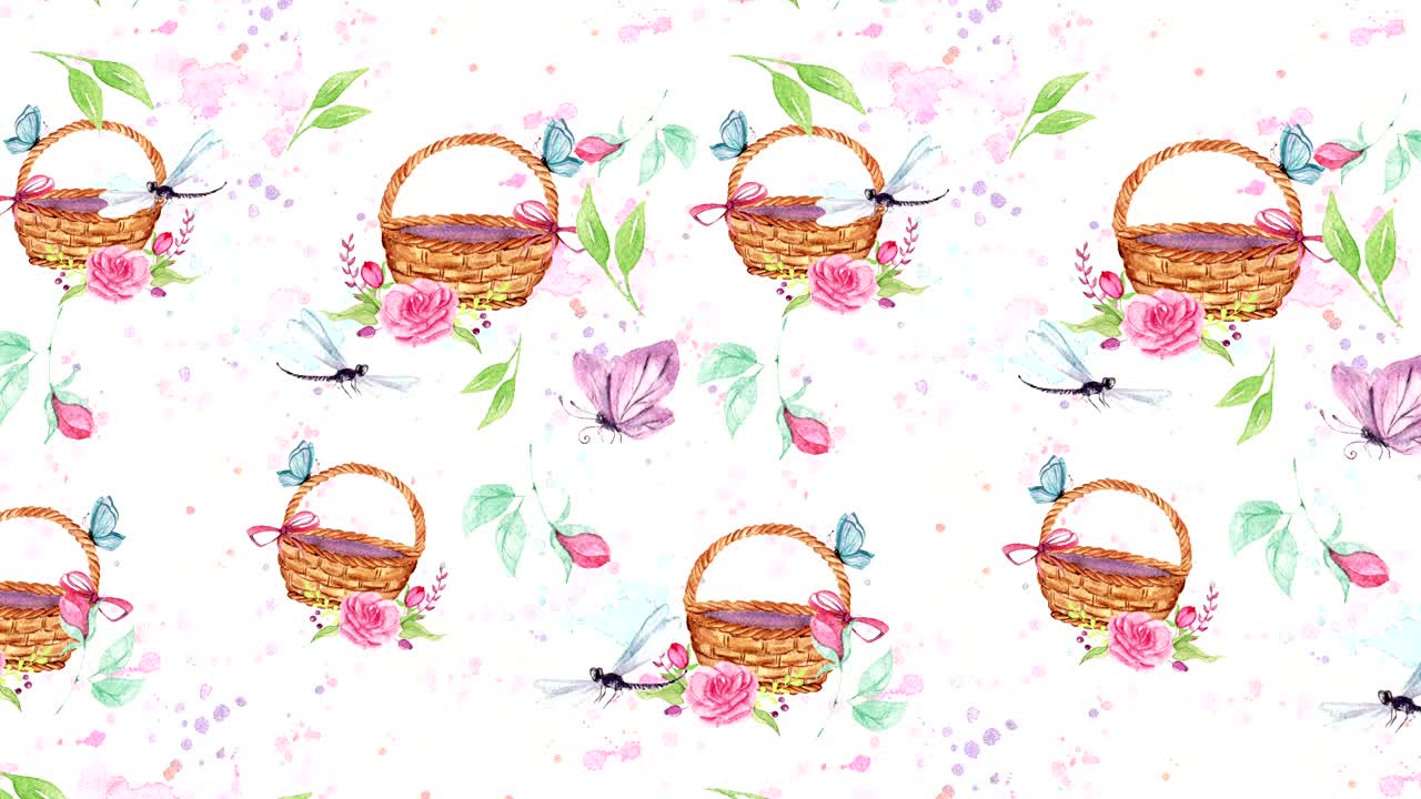 Abstract background with hand drawn watercolor cats and flowers. Seamless looping 4K footage.